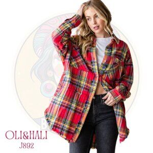 J892 OLI & HALI Red Mineral Washed Mixed Plaid Flannel Button Up Shirt